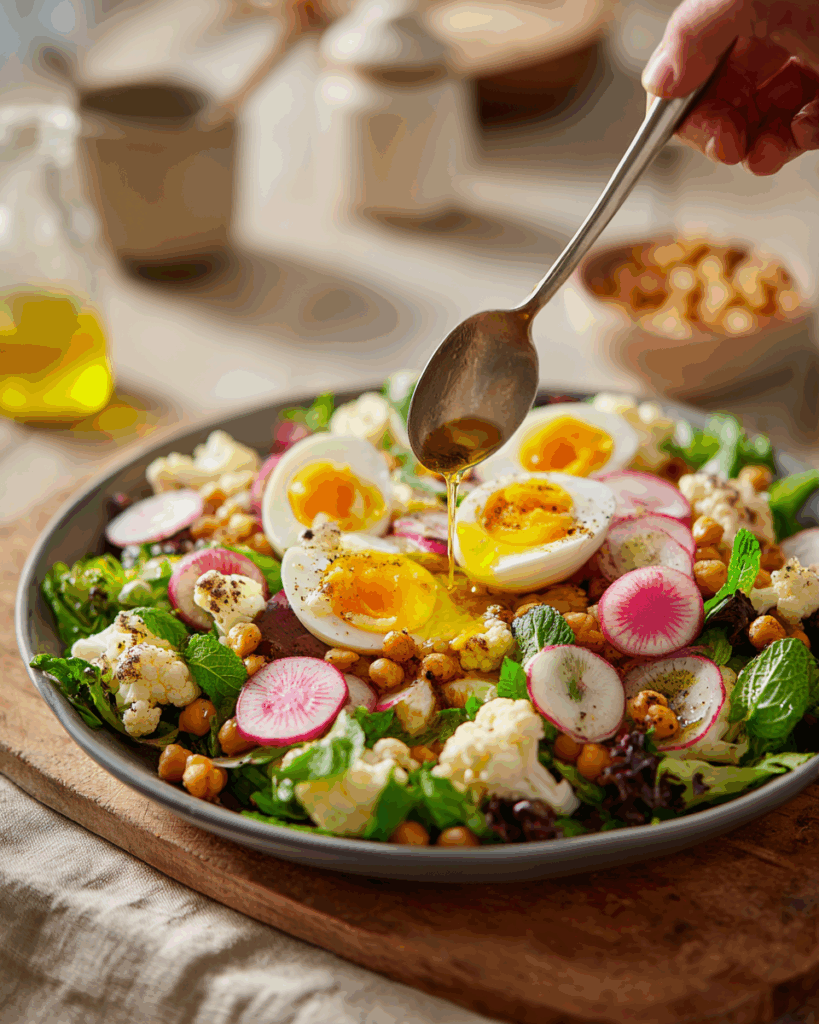 Roasting cauliflower and chickpeas for boiled egg salad