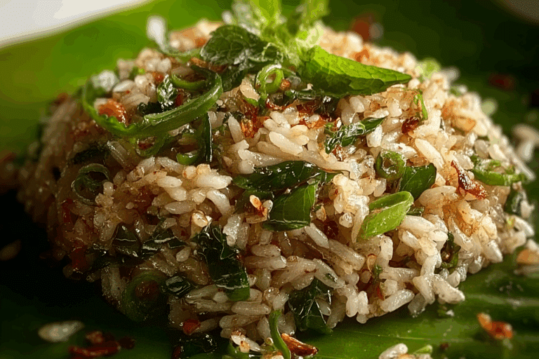 Betel Leaf Fried Rice served in a rustic bowl