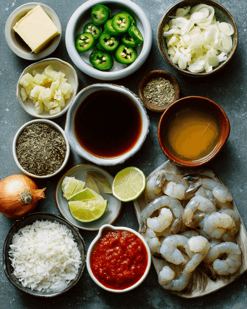 Ingredients for spicy vegetable and shrimp soup arranged on a table