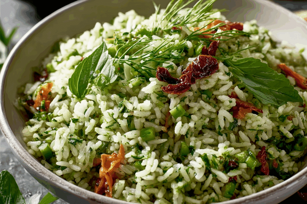 Fresh Herb Rice Salad served in a bowl with pistachios and herbs