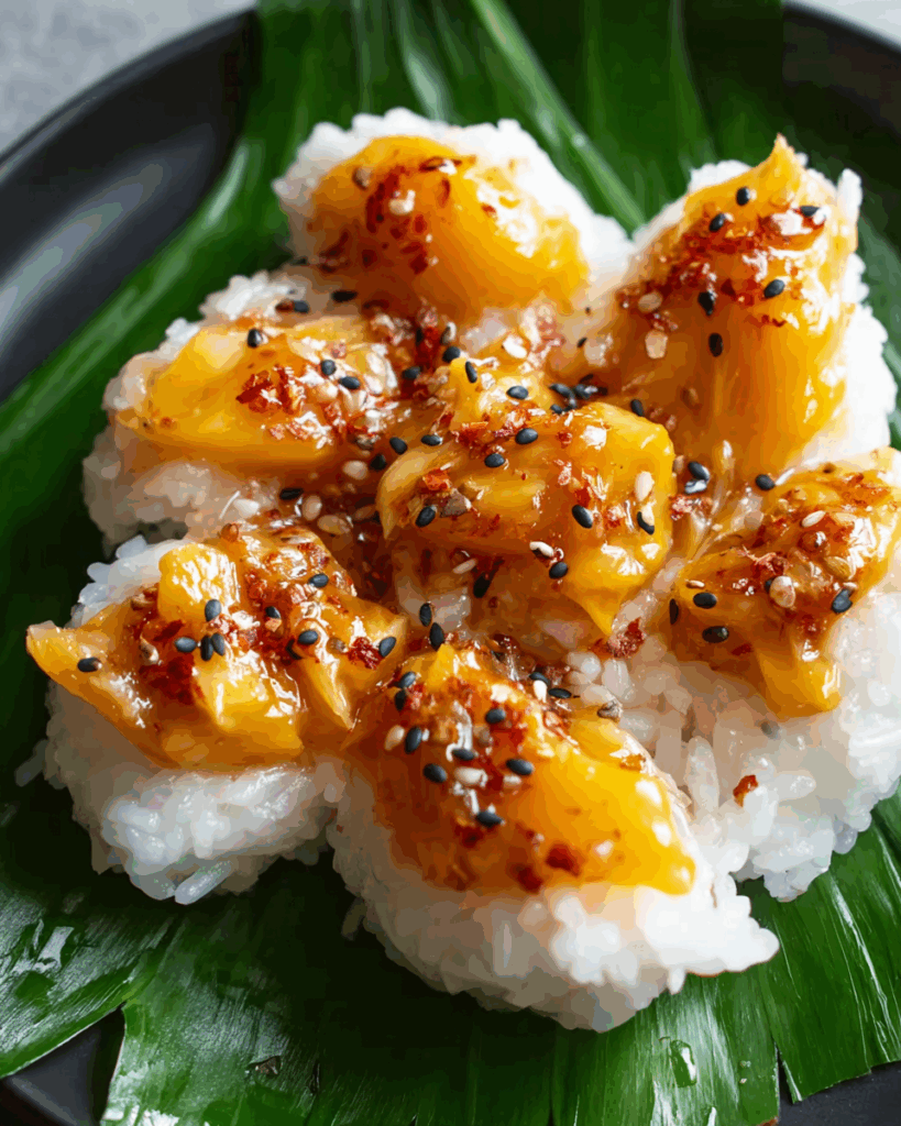 Jackfruit Sticky Rice served with coconut milk sauce on a white plate