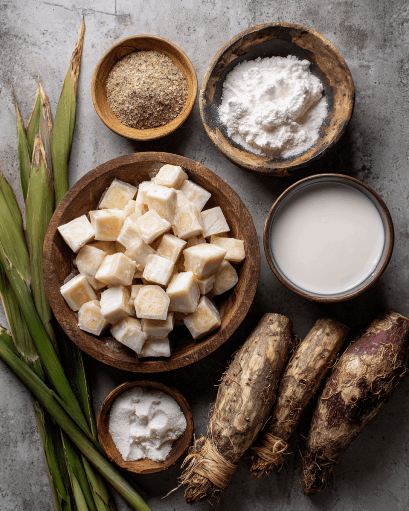 Ingredients for making Thai Candied Taro in Coconut Milk