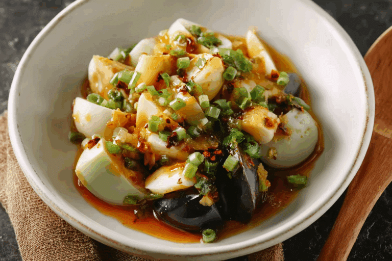 Authentic preserved egg salad served with garlic and peppers
