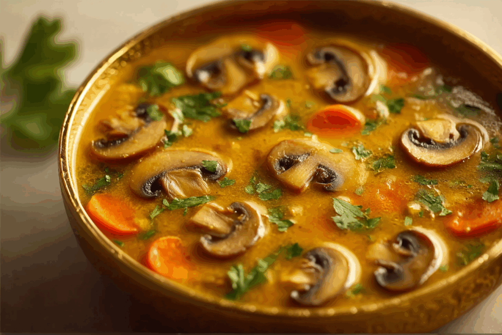 Mushroom Curry Soup served in a rustic bowl with coconut milk and fresh cilantro garnish
