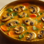 Mushroom Curry Soup served in a rustic bowl with coconut milk and fresh cilantro garnish