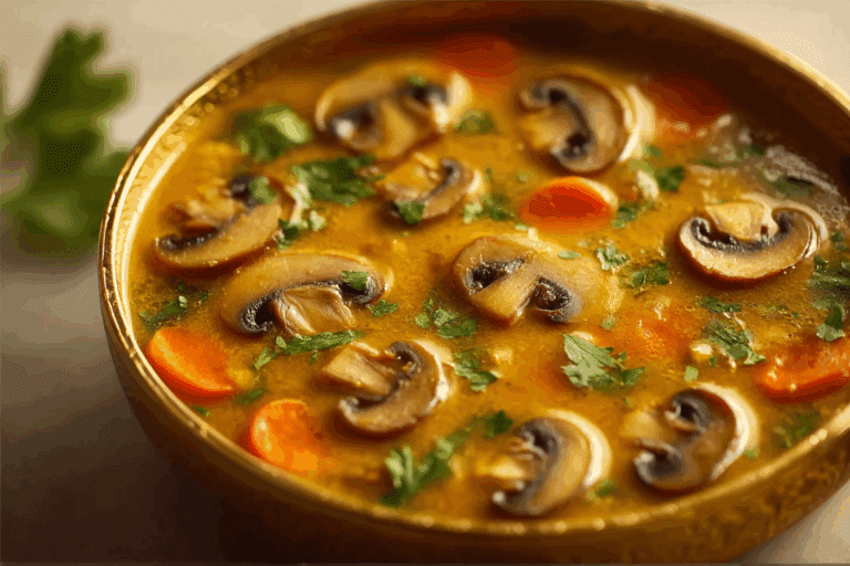 Mushroom Curry Soup served in a rustic bowl with coconut milk and fresh cilantro garnish