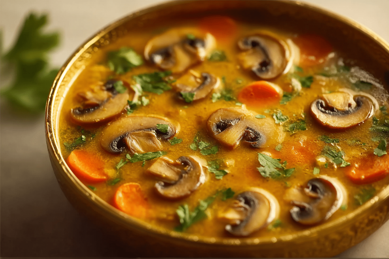 Mushroom Curry Soup served in a rustic bowl with coconut milk and fresh cilantro garnish