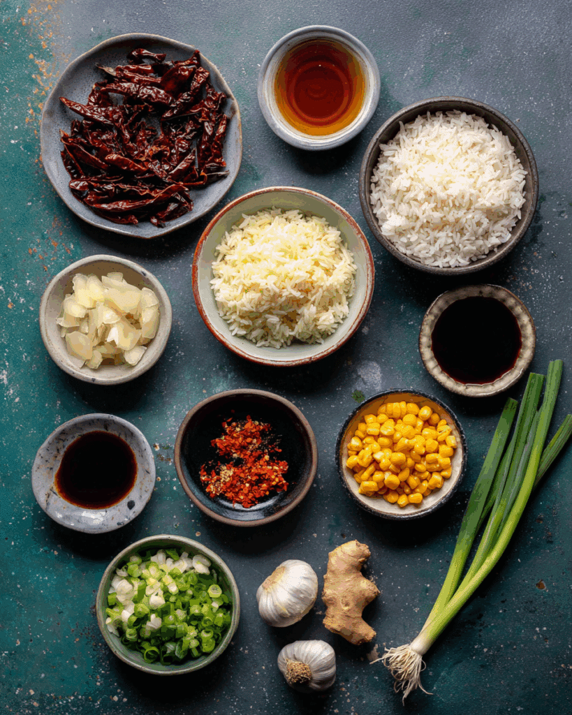 Ingredients for making chilli garlic fried rice