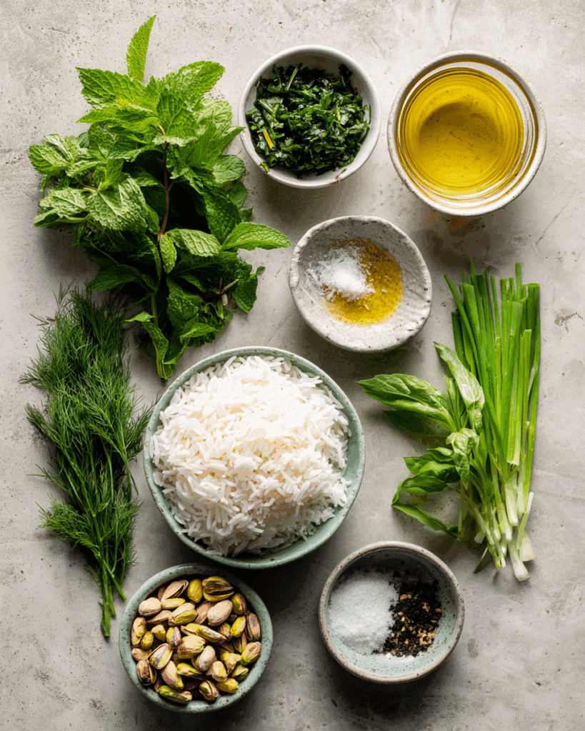 Ingredients for Fresh Herb Rice Salad flat lay style