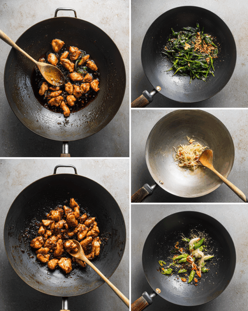 Stir-frying Chicken with Black Bean Sauce in a wok.