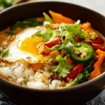 Thai Spiced Rice Bowls with peanut broth and fresh vegetables