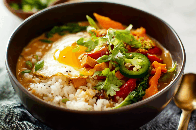 Thai Spiced Rice Bowls with peanut broth and fresh vegetables