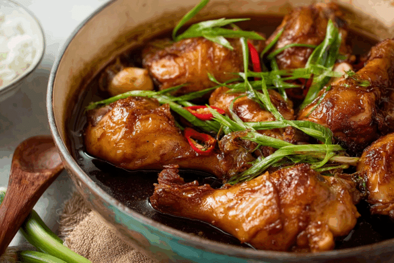 Thai Braised Chicken with Soy Sauce served with jasmine rice and garnished with scallions.