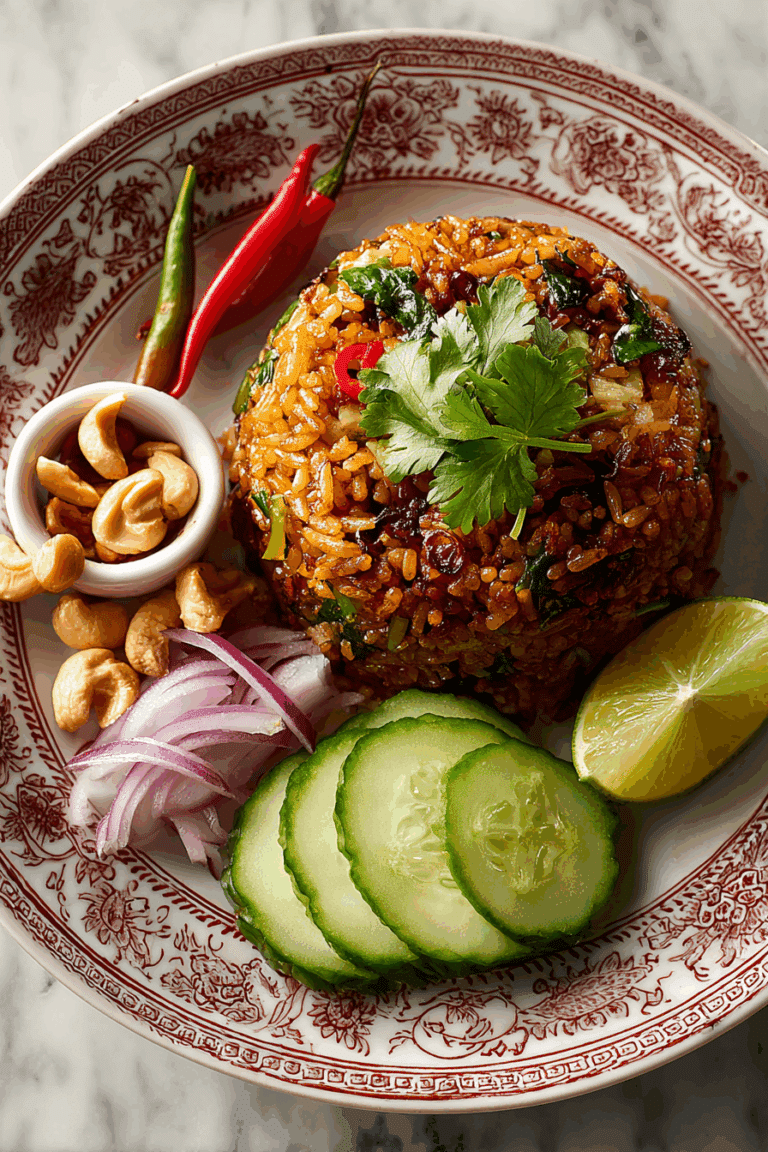 Authentic Thai Olive Fried Rice with prawns, egg, and lime garnish