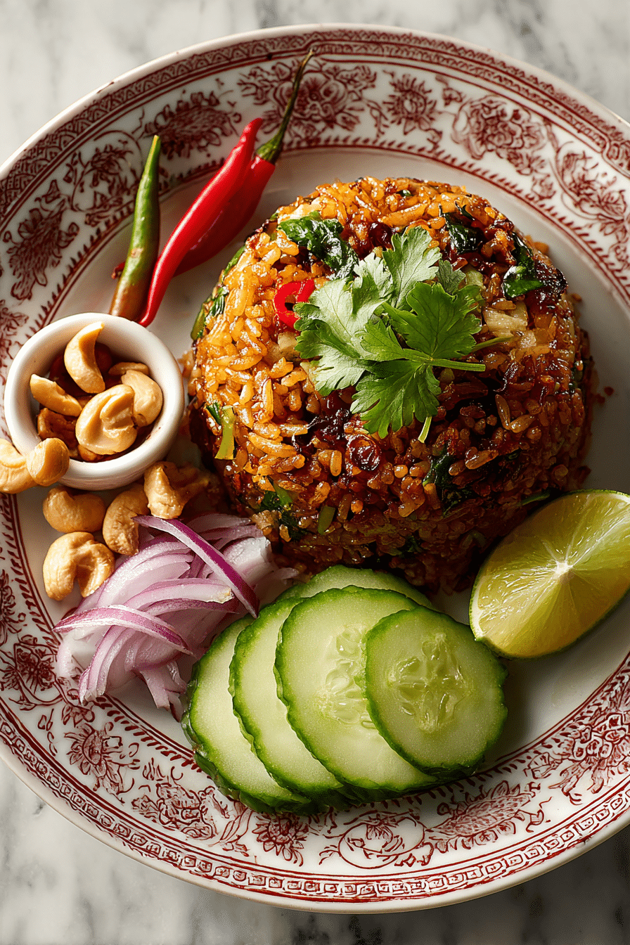 Authentic Thai Olive Fried Rice with prawns, egg, and lime garnish