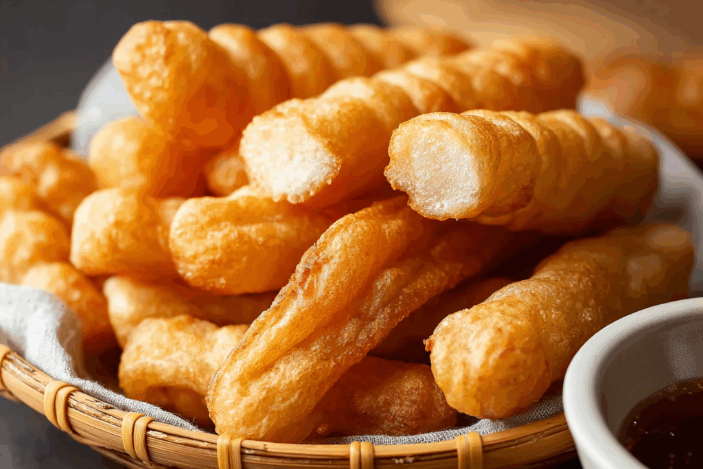 Street vendor frying Thai Fried Dough Sticks in Bangkok market.