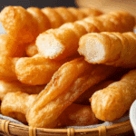 Street vendor frying Thai Fried Dough Sticks in Bangkok market.