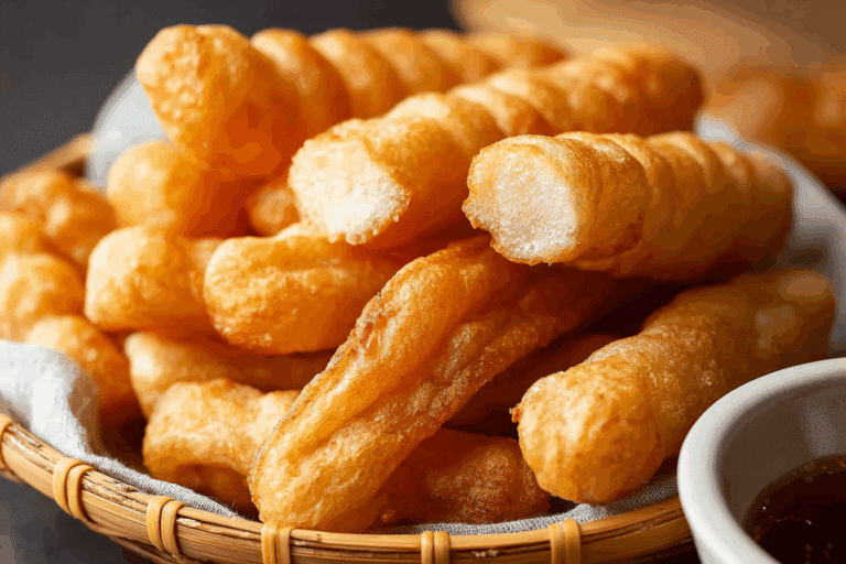 Street vendor frying Thai Fried Dough Sticks in Bangkok market.