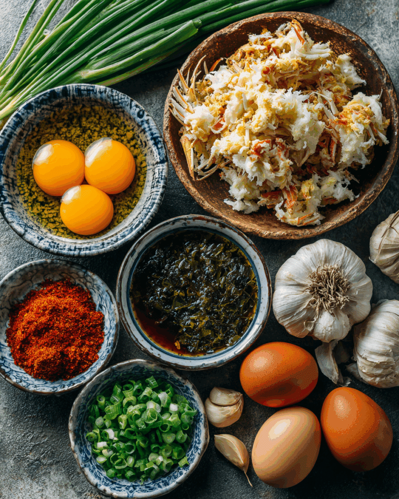 Ingredients for Thai crab omelette laid out on a wooden board.