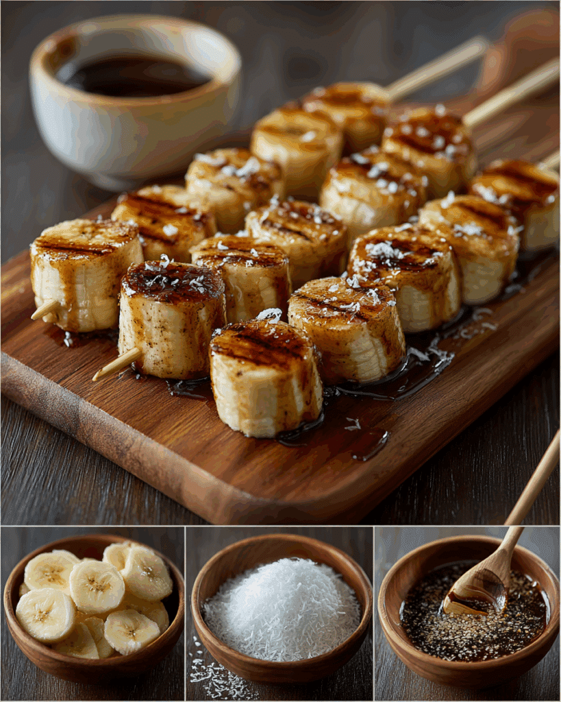 Grilling bananas and making coconut caramel sauce.