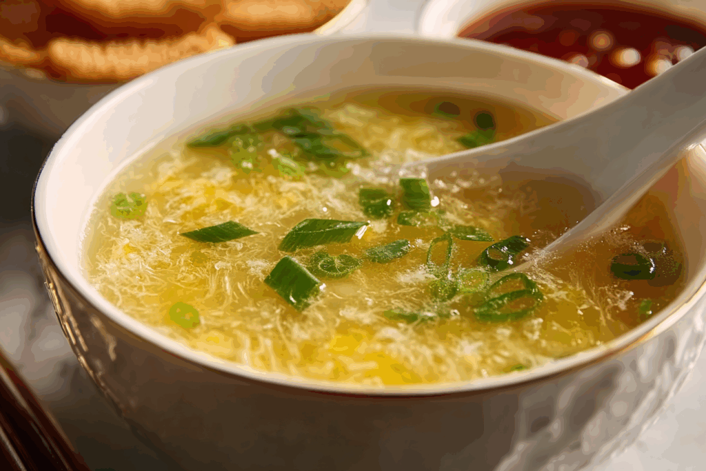 Golden homemade Egg Drop Soup served hot with scallions.
