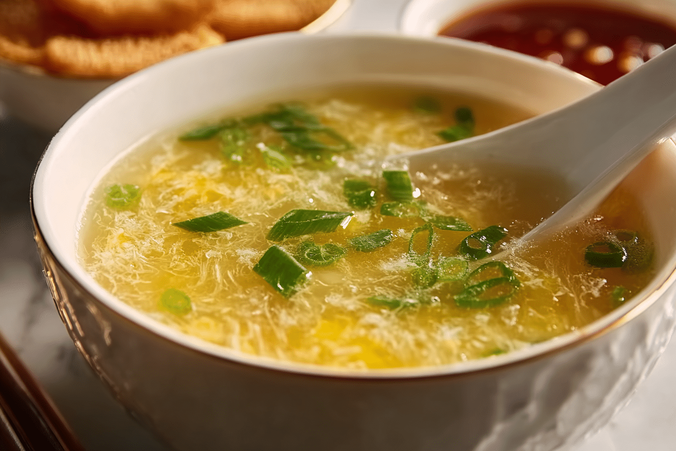 Golden homemade Egg Drop Soup served hot with scallions.