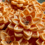 Thai Lotus Flower Cookies served on a banana leaf tray.