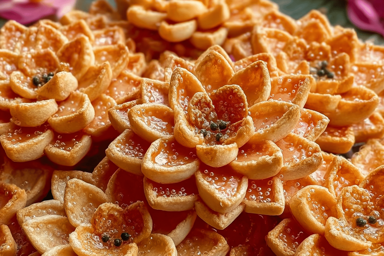 Thai Lotus Flower Cookies served on a banana leaf tray.