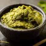 Homemade Thai Green Curry Paste in a bowl with fresh Thai ingredients.