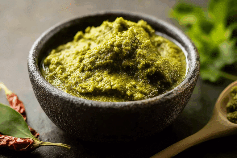 Homemade Thai Green Curry Paste in a bowl with fresh Thai ingredients.
