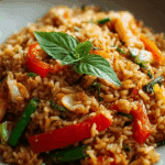 Authentic Thai Curry Fried Rice with coconut milk and vegetables.