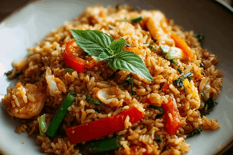 Authentic Thai Curry Fried Rice with coconut milk and vegetables.