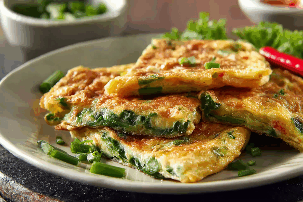 Thai Cha Om Omelette served with rice and cucumber slices