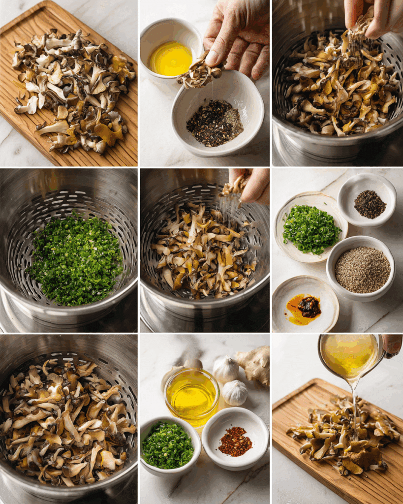 Drizzling hot oil over chili and garlic for King Oyster Mushroom Salad.