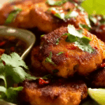 Crispy golden Thai Fish Cakes with sweet chili dipping sauce and lime wedges.