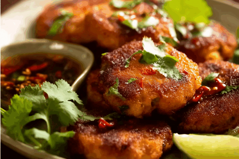 Crispy golden Thai Fish Cakes with sweet chili dipping sauce and lime wedges.