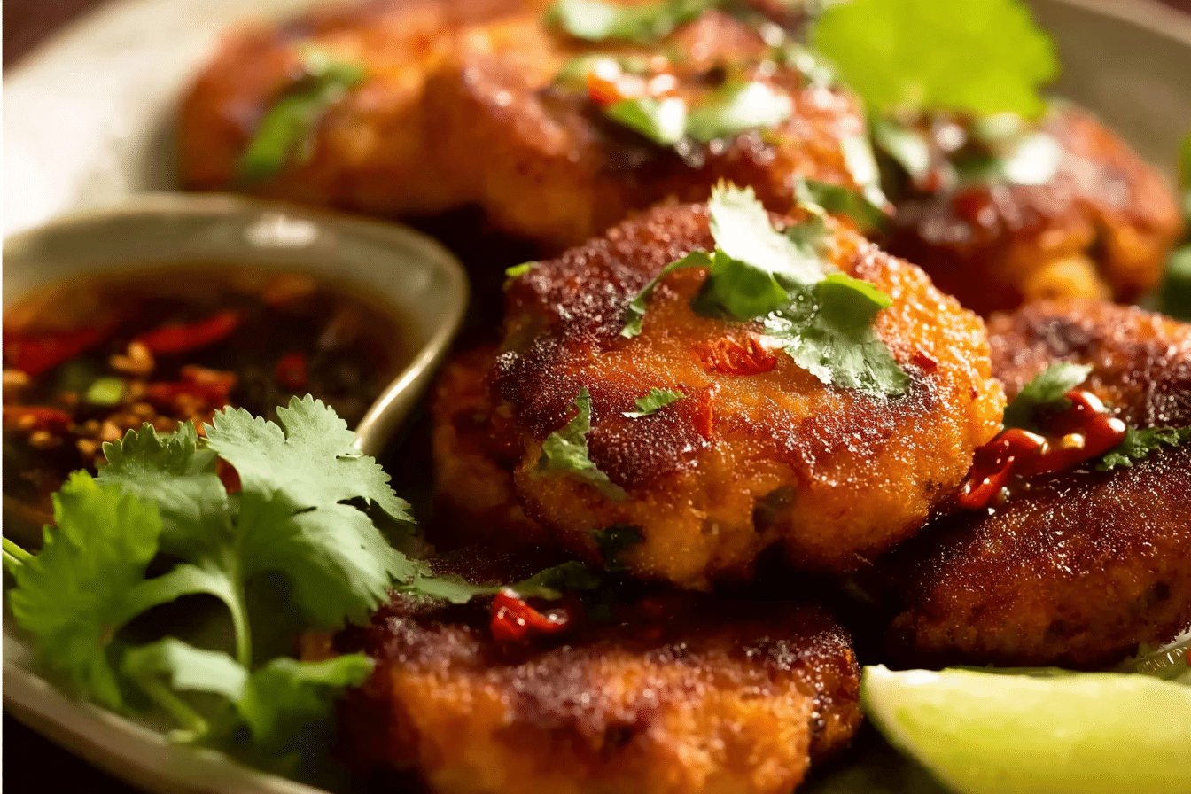 Crispy golden Thai Fish Cakes with sweet chili dipping sauce and lime wedges.