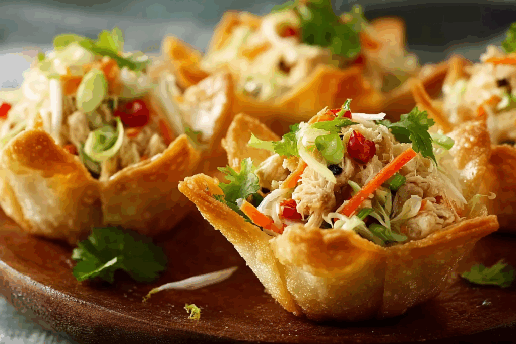 Thai Chicken Salad Wonton Cups on serving board
