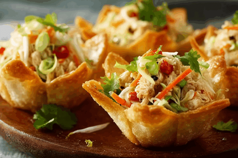 Thai Chicken Salad Wonton Cups on serving board