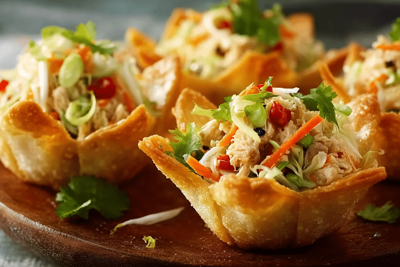 Thai Chicken Salad Wonton Cups on serving board