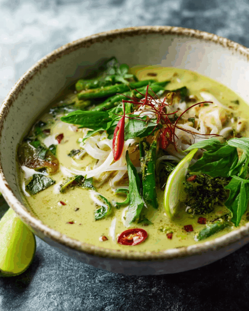 Ingredients for Thai Green Curry Noodle Soup on a white background.