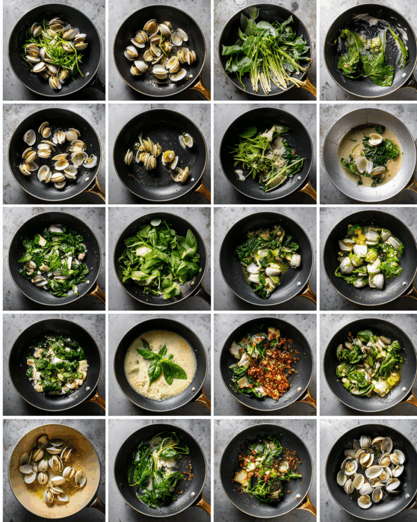 Clams cooking in wok with roasted chili paste and Thai basil.