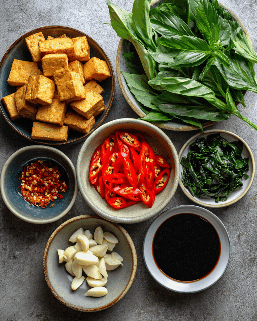 Ingredients for Holy Basil Stir Fry with Tofu on a kitchen counter.