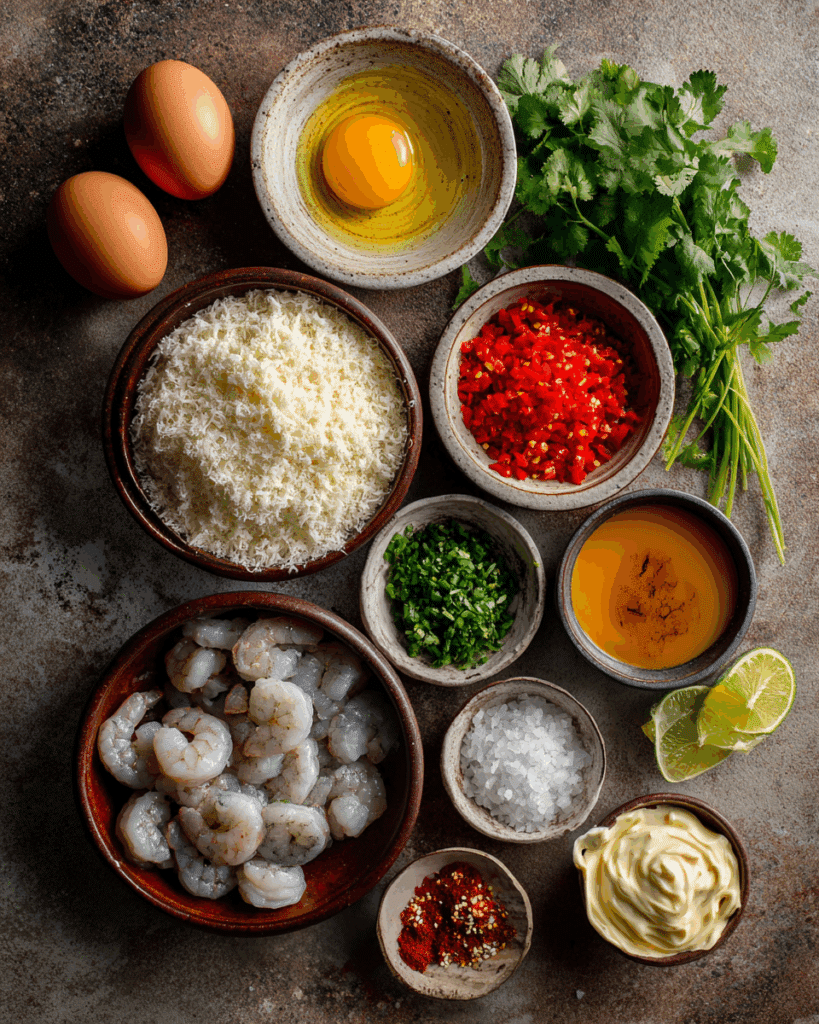 Ingredients for Thai Shrimp Cakes with Chili Aioli including shrimp, red bell pepper, shallots, and sauces arranged neatly on a cutting board.