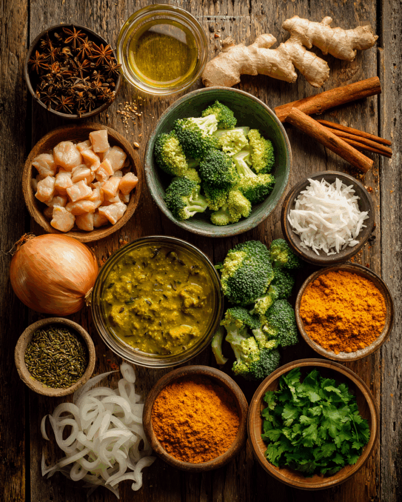 Ingredients for golden coconut chicken curry arranged on a table