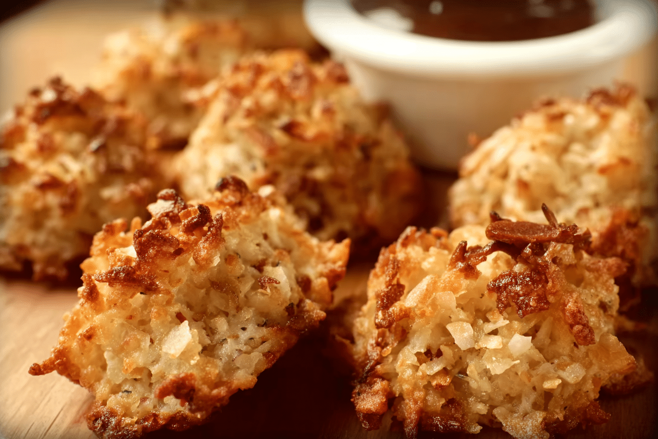 Thai Coconut and Cocoa Macaroons on a plate with coconut flakes and lime