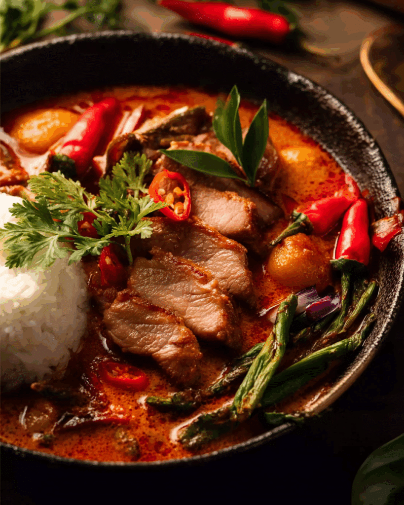 Duck searing for Thai Red Duck Curry in skillet