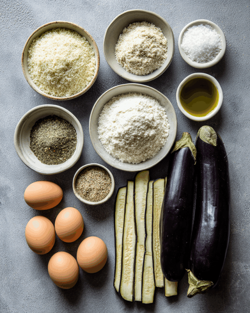 Ingredients for Crispy Eggplant Fries laid out on a wooden table.
