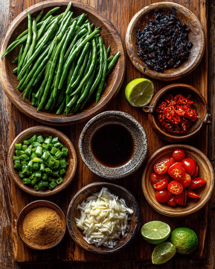 Ingredients for Thai Long Bean Salad Recipe arranged flat lay style.