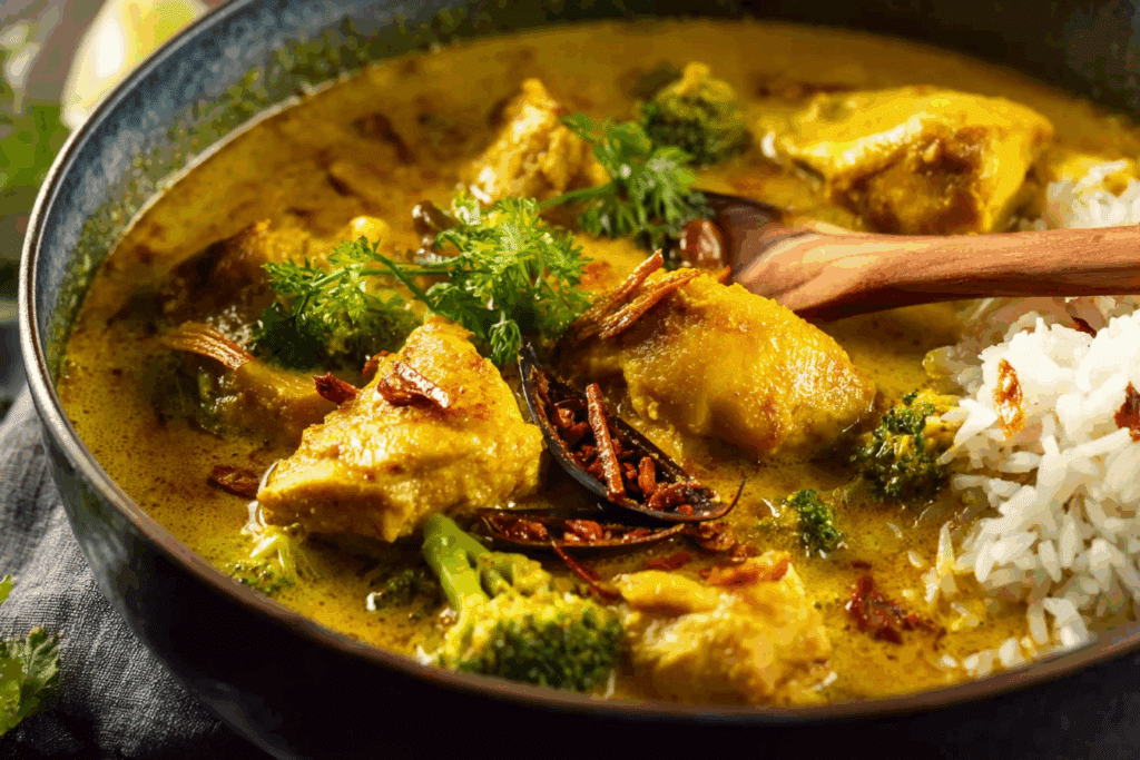 Golden coconut chicken curry with rice and coriander garnish